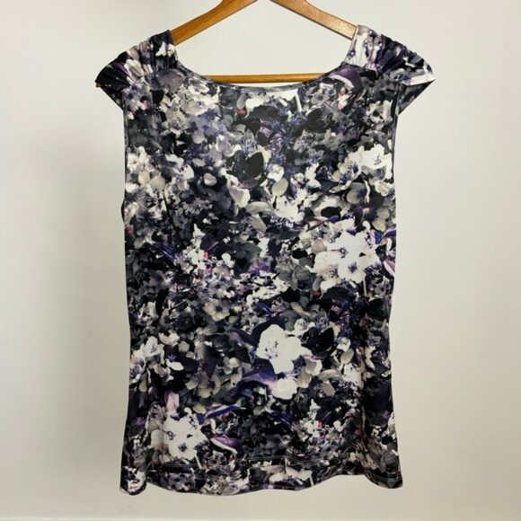 👛 (ANY 2/$20) RICKI’S Cap Sleeve Ruched Purple-White-Pink Floral Top, Medium - Picture 4 of 7